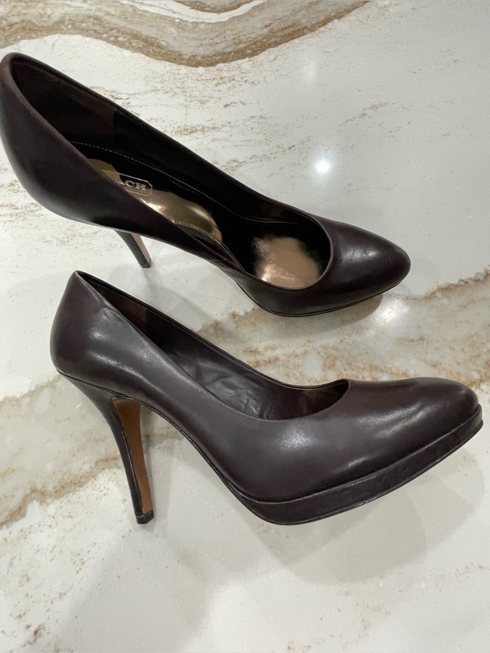 New COACH Chocolate-Brown Leather Pumps Platform High Heels —-size-9.5